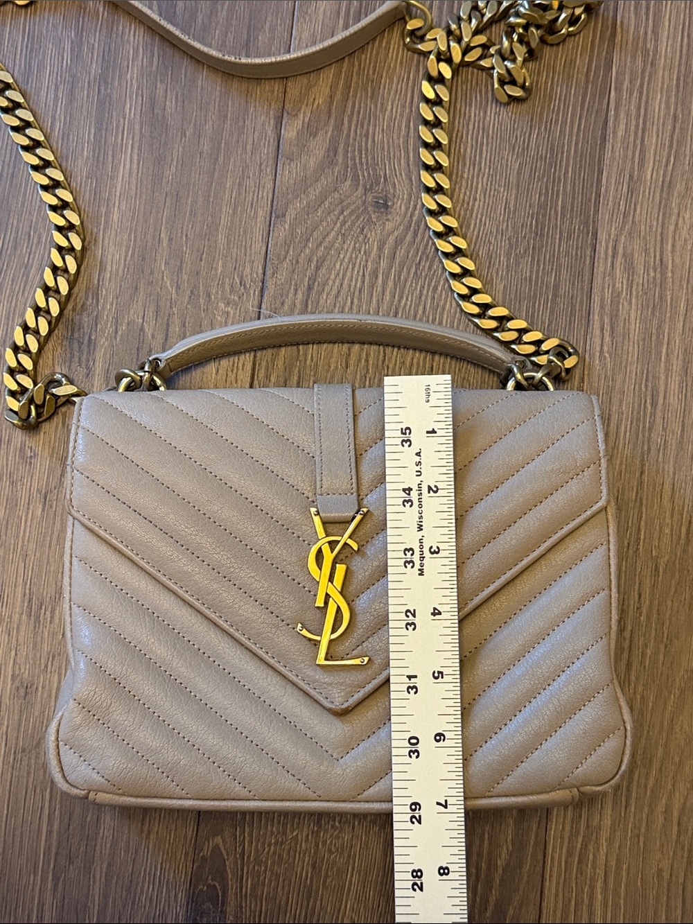 100% AUTH YSL Saint Laurent Dark Beige Sheepskin Matelassé Chevron College Bag - Picture 4 of 14
